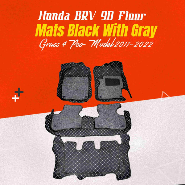 Honda BRV 9D Floor Mats Black With Gray Grass 4 Pcs- Model 2017-2022