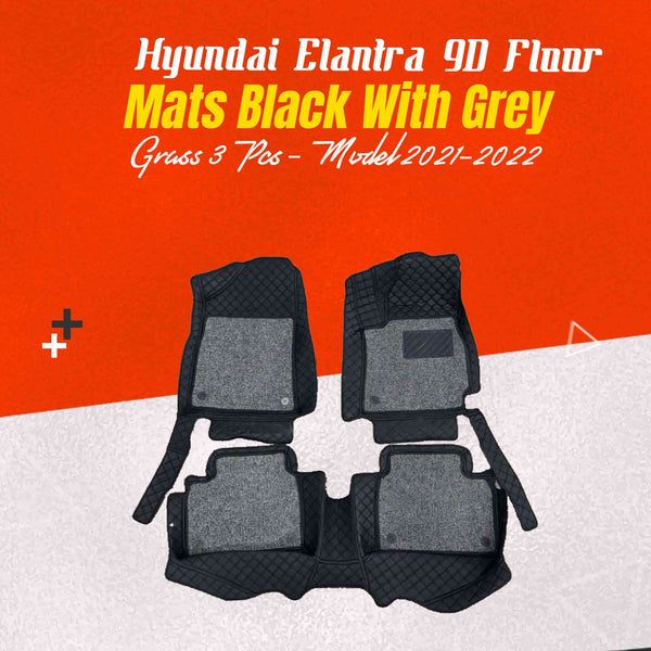 Hyundai Elantra 9D Floor Mats Black With Grey Grass 3 Pcs - Model 2021-2024