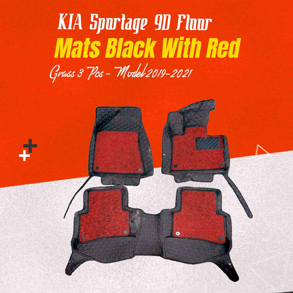 KIA Sportage 9D Floor Mats Black With Red Grass 3 Pcs - Model 2019-2021