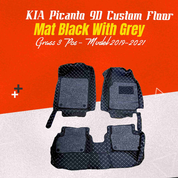 KIA Picanto 9D Custom Floor Mat Black With Grey Grass 3 Pcs - Model 2019-2024