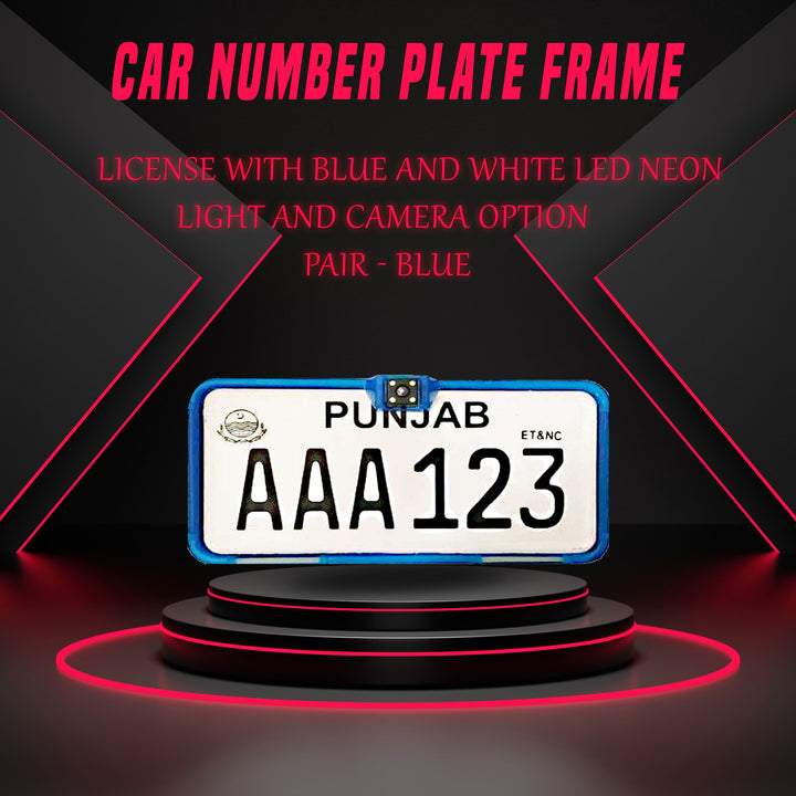 Car Number Plate License Frame With Blue And White LED Neon Light and Camera Option Pair - Blue