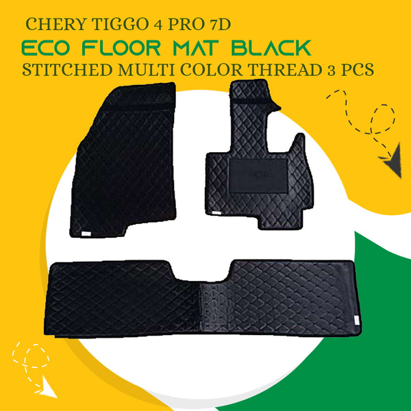 Chery Tiggo 4 Pro 7D Eco Floor Mat Black Stitched Multi Color Thread 3 Pcs - Model 2022-2024