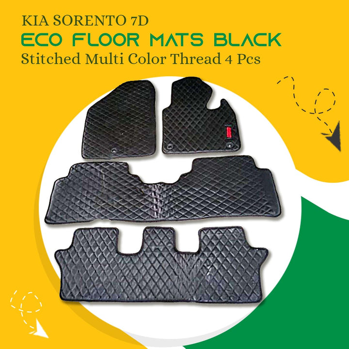 KIA Sorento 7D Eco Floor Mats Black Stitched Multi Color Thread 4 Pcs - Model 2020-2024