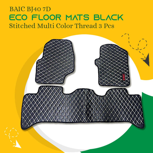 BAIC BJ40 7D Eco Floor Mats Black Stitched Multi Color Thread 3 Pcs- Model 2021-2022