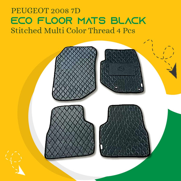 Peugeot 2008 7D Eco Floor Mats Black Stitched Multi Color Thread 4 Pcs- Model 2022-2024