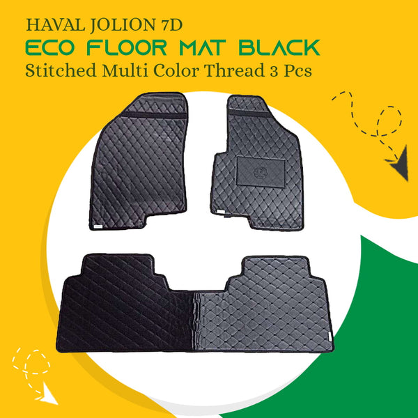 Haval Jolion 7D Eco Floor Mat Black Stitched Multi Color Thread 3 Pcs - Model 2021-2024