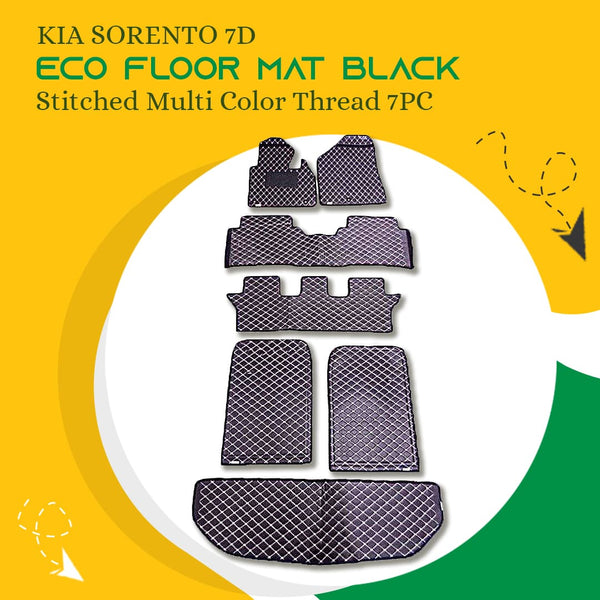 KIA Sorento 7D Eco Floor Mat Black Stitched Multi Color Thread 7PC - Model 2021-2024