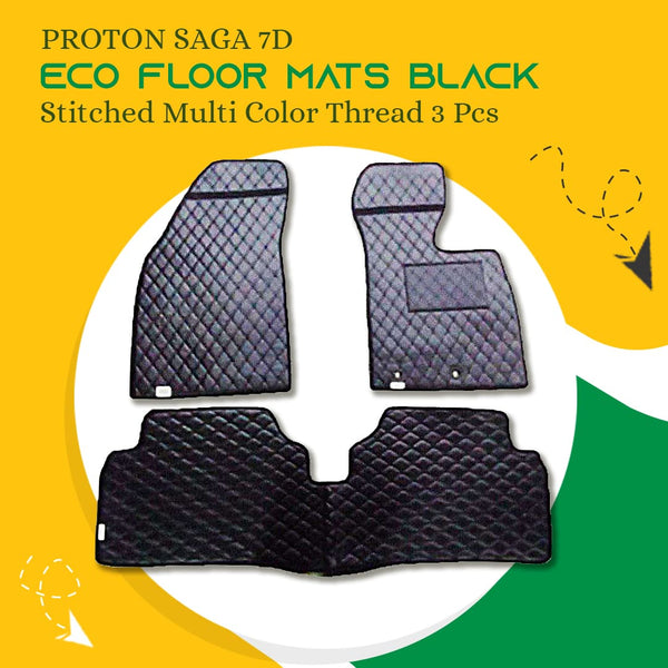 Proton Saga 7D Eco Floor Mats Black Stitched Multi Color Thread 3 Pcs - Model 2021-2024