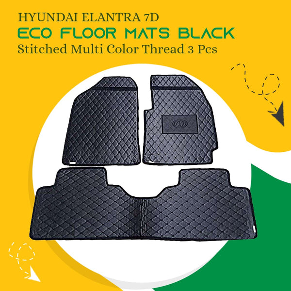 Hyundai Elantra 7D Eco Floor Mats Black Stitched Multi Color Thread 3 Pcs - Model 2020-2024