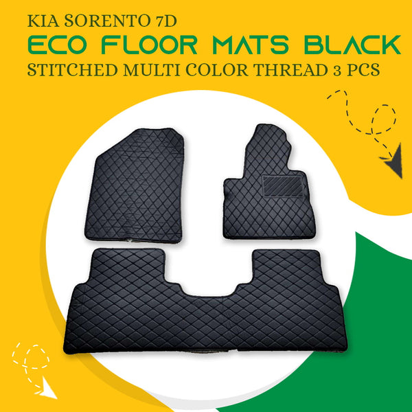 KIA Sorento 7D Eco Floor Mats Black Stitched Multi Color Thread 3 Pcs - Model 2020-2024