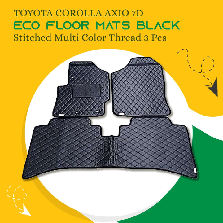 Toyota Corolla Axio 7D Eco Floor Mats Black Stitched Multi Color Thread 3 Pcs - Model 2012-2018