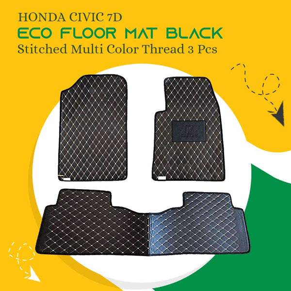 Honda Civic 7D Eco Floor Mat Black Stitched Multi Color Thread 3 Pcs - Model 2017-2023
