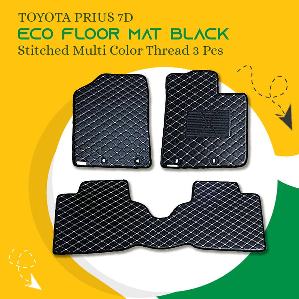 Toyota Prius 7D Eco Floor Mat Black Stitched Multi Color Thread 3 Pcs - Model 2016-2021