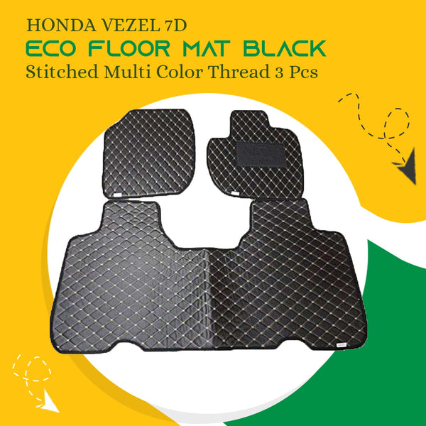 Honda Vezel 7D Eco Floor Mat Black Stitched Multi Color Thread 3 Pcs - Model 2013-2021