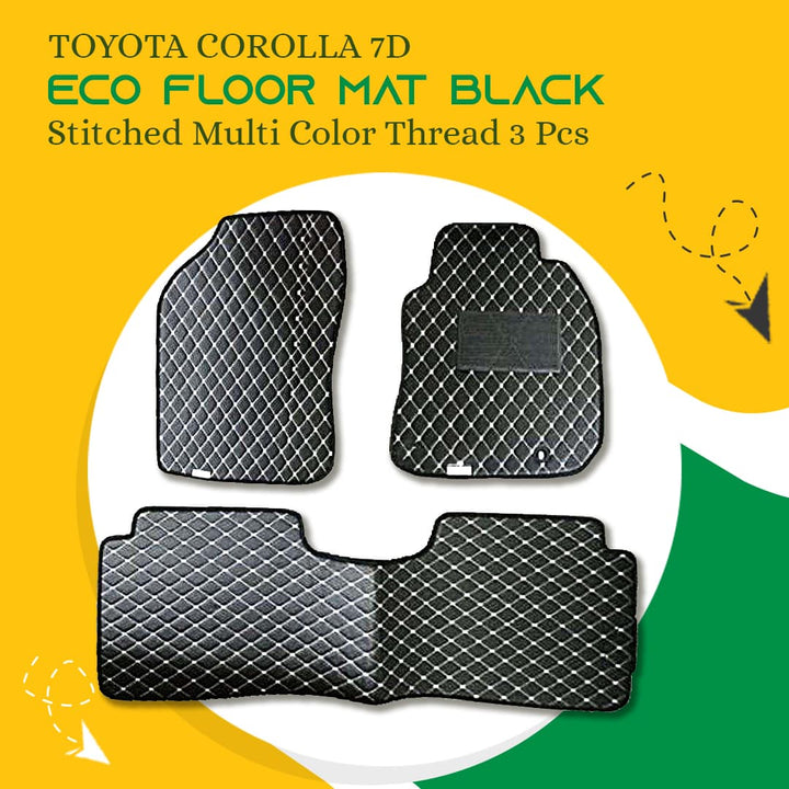 Toyota Corolla 7D Eco Floor Mat Black Stitched Multi Color Thread 3 Pcs - Model 2008-2012