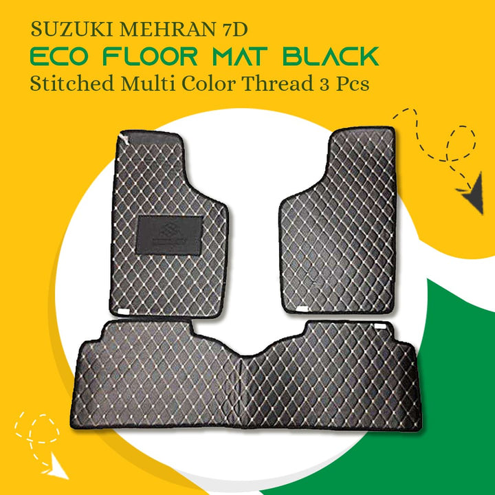 Suzuki Mehran 7D Eco Floor Mat Black Stitched Multi Color Thread 3 Pcs - Model 2012-2019