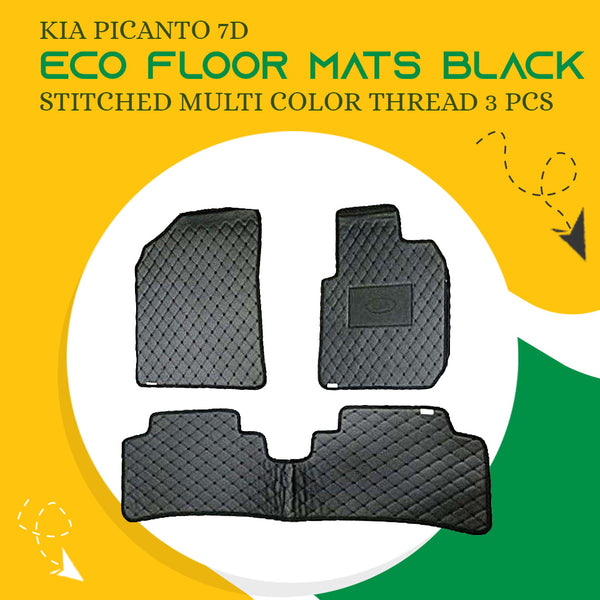 KIA Picanto 7D Eco Floor Mats Black Stitched Multi Color Thread 3 Pcs - Model 2019-2024