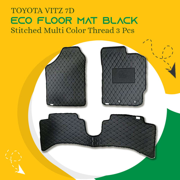 Toyota Vitz 7D Eco Floor Mat Black Stitched Multi Color Thread 3 Pcs - Model 2014-2018