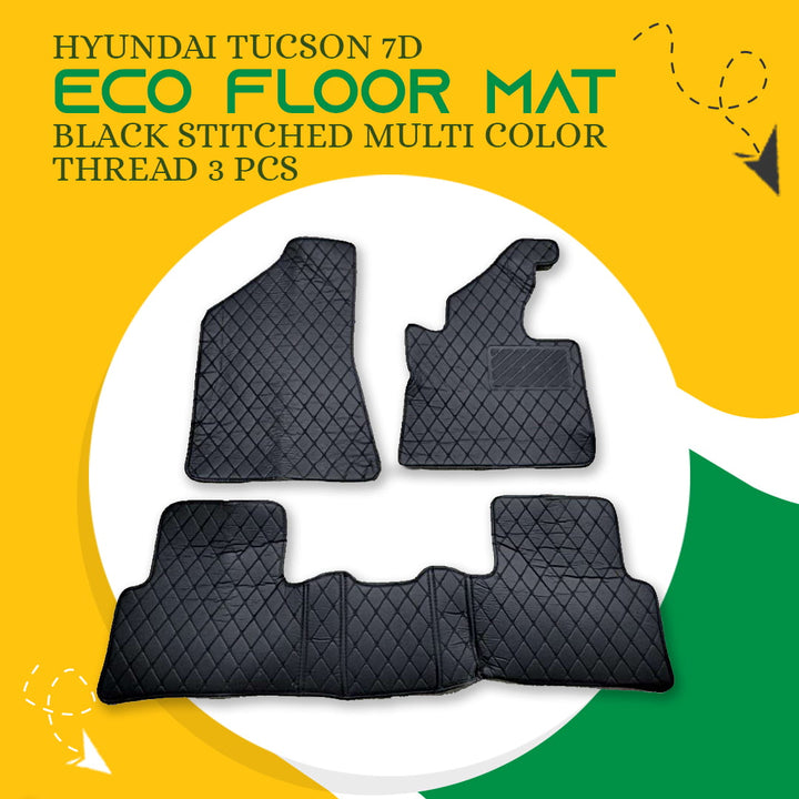 Hyundai Tucson 7D Eco Floor Mat Black Stitched Multi Color Thread 3 Pcs - Model 2020-2024