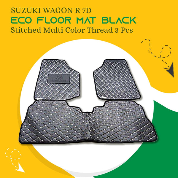 Suzuki Wagon R 7D Eco Floor Mat Black Stitched Multi Color Thread 3 Pcs - Model 2014-2021