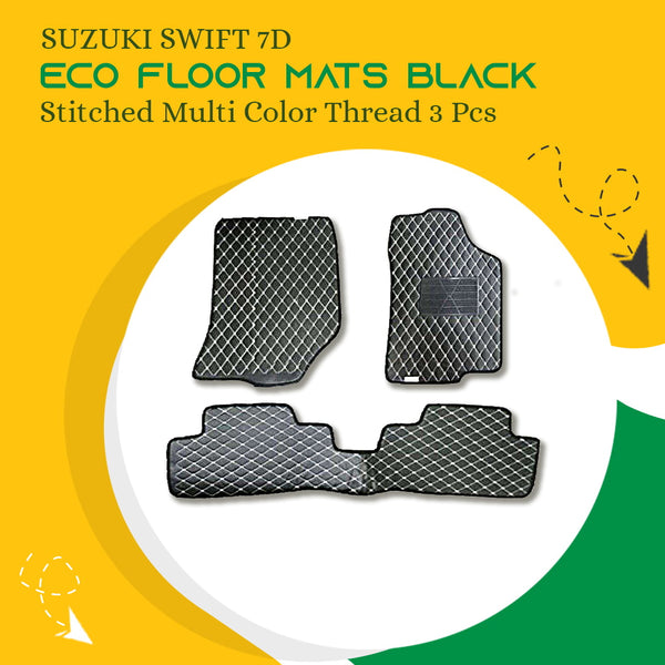Suzuki Swift 7D Eco Floor Mat Black Stitched Multi Color Thread 3 Pcs - Model 2010-2021