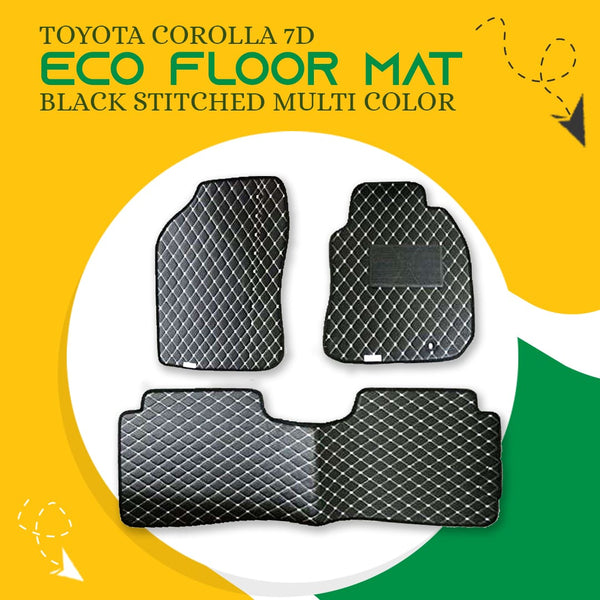 Toyota Corolla 7D Eco Floor Mat Black Stitched Multi Color Thread 3 Pcs - Model 2014-2021