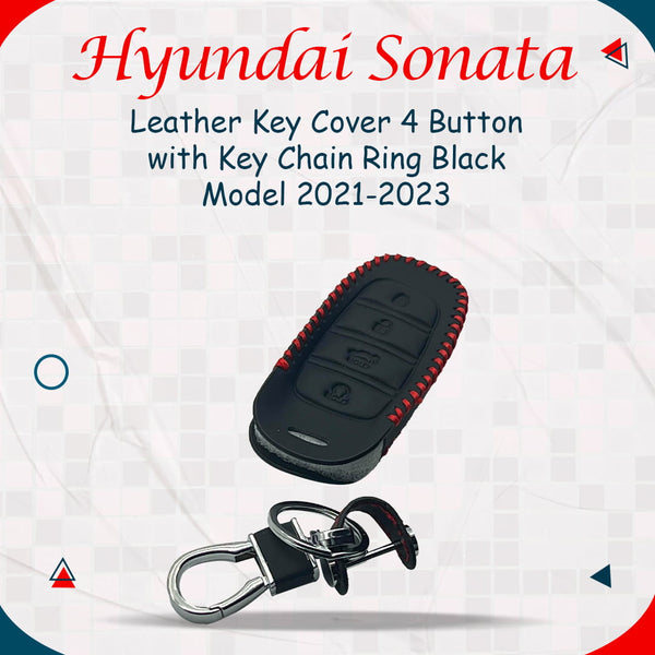 Hyundai Sonata Leather Key Cover 4 Button with Key Chain Ring Black - Model 2021-2024
