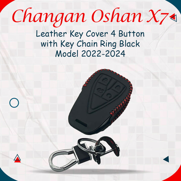 Changan Oshan X7 Leather Key Cover 4 Button with Key Chain Ring Black - Model 2022-2024