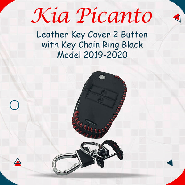 Kia Picanto Leather Key Cover 2 Buttons with Key Chain Ring Black - Model 2019-2024