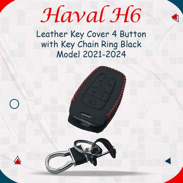 Haval H6 Leather Key Cover 4 Buttons with Key Chain Ring Black - Model 2021-2024