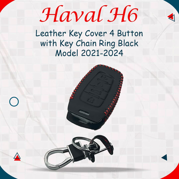 Haval H6 Leather Key Cover 4 Buttons with Key Chain Ring Black - Model 2021-2024