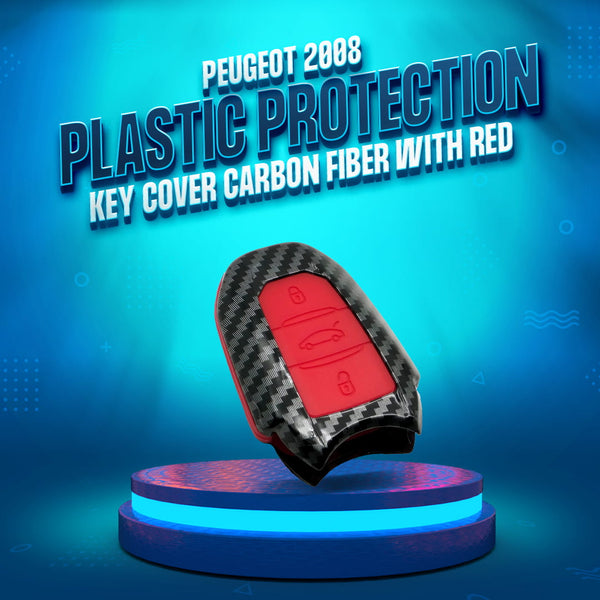 Peugeot 2008 Plastic Protection Key Cover Carbon Fiber With Red PVC 3 Buttons - Model 2022-2024