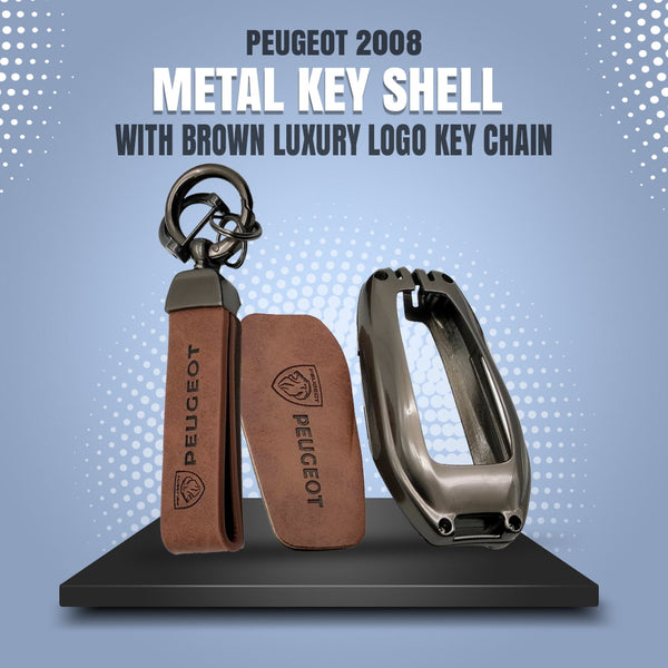 Peugeot 2008 Metal Key Shell with Brown Luxury Logo Key Chain - Model 2022-2024