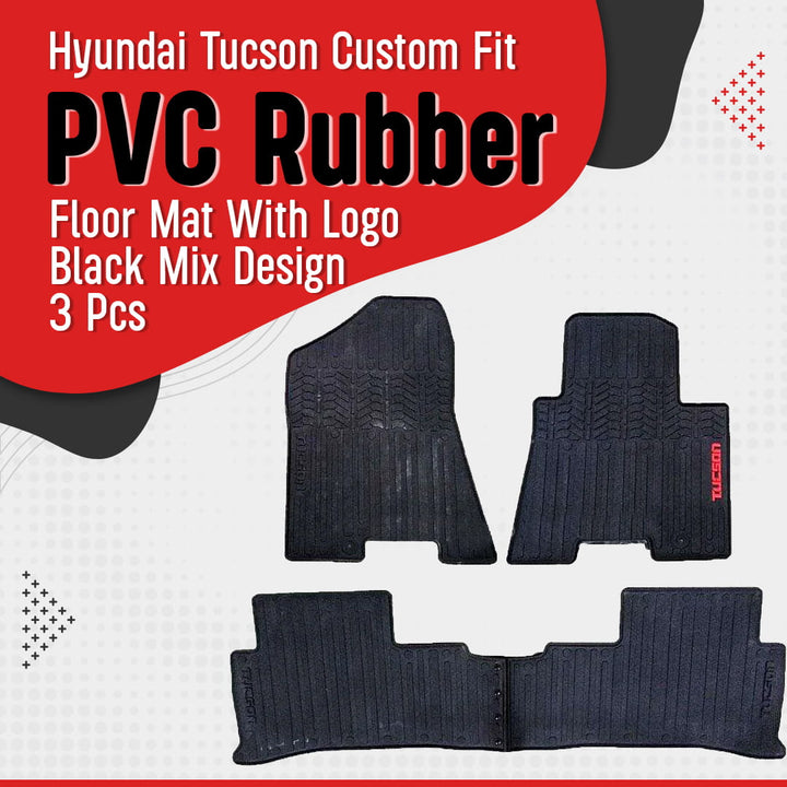 Hyundai Tucson Custom Fit PVC Rubber Floor Mat With Logo Black Mix Design 3 Pcs - Model 2020-2024