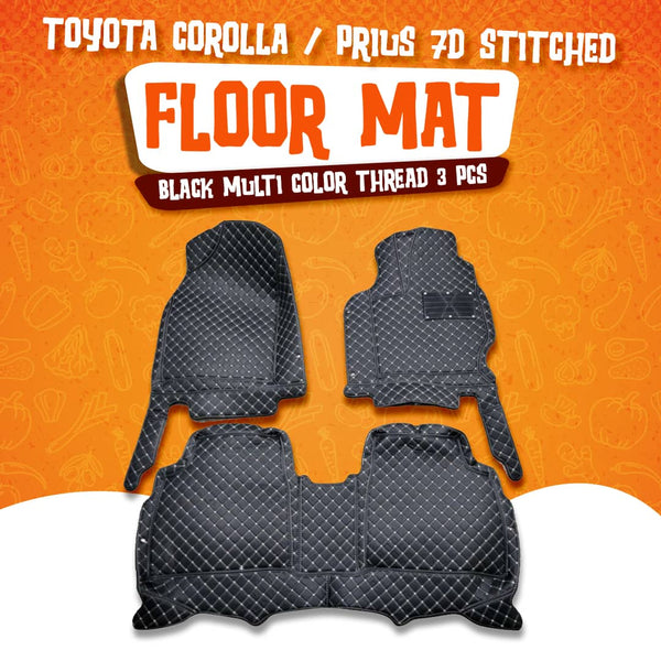 Toyota Corolla / Prius 7D Stitched Floor Mat Black Multi Color Thread 3 Pcs - Model 2014-2021