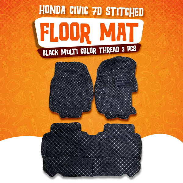 Honda Civic 7D Stitched Floor Mat Black Multi Color Thread 3 Pcs - Model 2012-2016