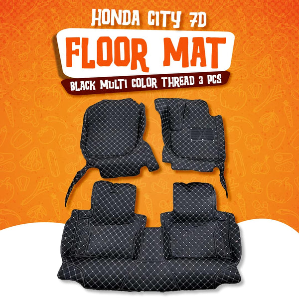 Honda City 7D Floor Mats Black Multi Color Thread 3 Pcs - Model 2008-2021