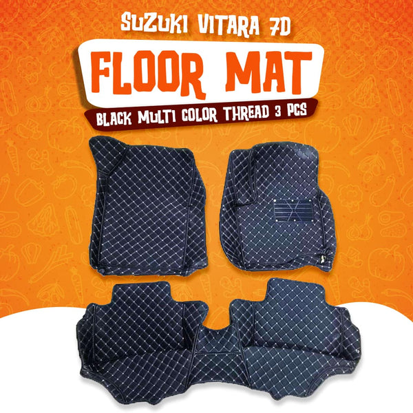 Suzuki Vitara 7D Floor Mats Black Multi Color Thread 3 Pcs - Model 2016-2021