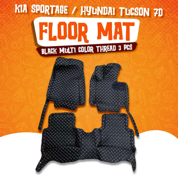 KIA Sportage / Hyundai Tucson 7D Floor Mats Black Multi Color Thread 3 Pcs