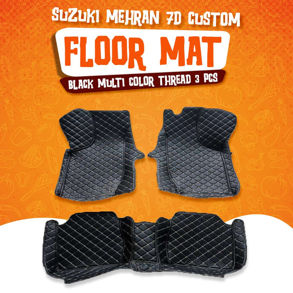 Suzuki Mehran 7D Custom Floor Mat Black Multi Color Thread 3 Pcs - Model 2012-2017