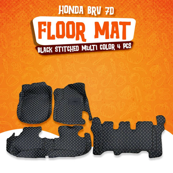 Honda BRV 7D Floor Mats Black Stitched Multi Color Thread 4 Pcs - Model 2017-2021