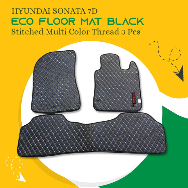 Hyundai Sonata 7D Eco Floor Mat Black Stitched Multi Color Thread 3 Pcs - Model 2020-2024