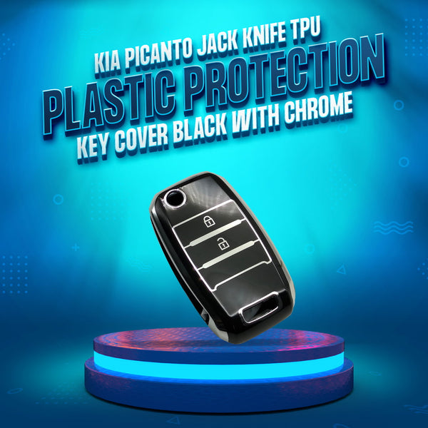 KIA Picanto Jack Knife TPU Plastic Protection Key Cover Black With Chrome 2 Buttons - Model 2019-2024