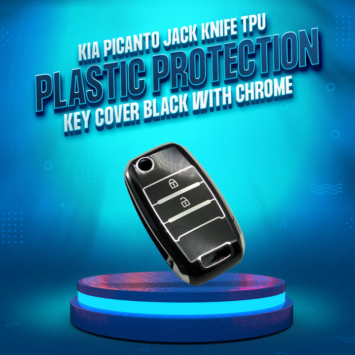 KIA Picanto Jack Knife TPU Plastic Protection Key Cover Black With Chrome 2 Buttons - Model 2019-2024