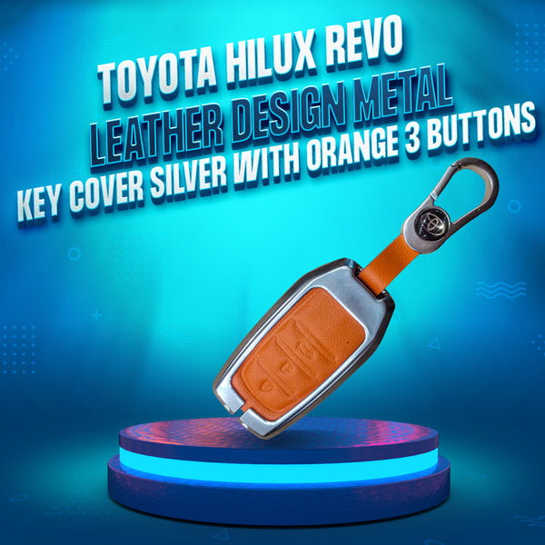 Toyota Hilux Revo/Rocco Leather Design Metal Key Cover Silver with Orange 3 Buttons