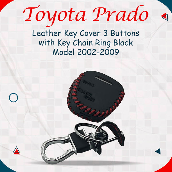 Toyota Prado Leather Key Cover 3 Buttons with Key Chain Ring Black - Model 2002-2009