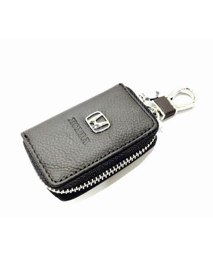 Honda Zipper Matte Leather Key Cover Pouch Black with Keychain Ring