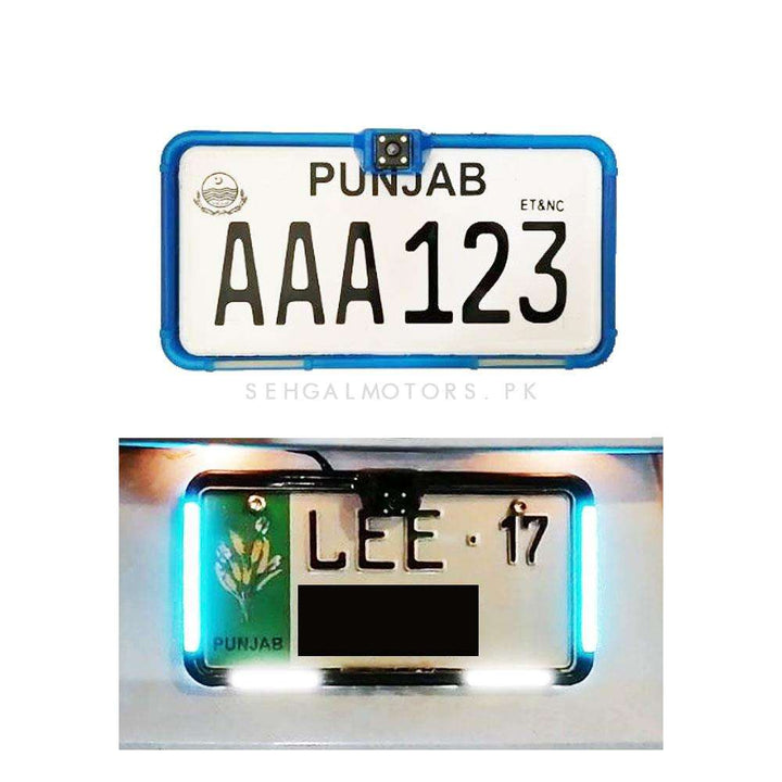 Car Number Plate License Frame With Blue And White LED Neon Light and Camera Option Pair - Blue