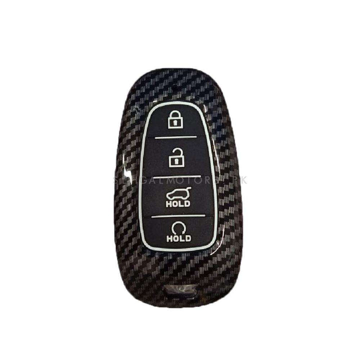 Hyundai Sonata Plastic Protection Key Cover Carbon Fiber With Black PVC 4 Buttons - Model 2021-2024