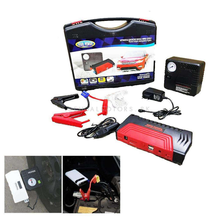 Car Multifunctional Car Battery Jump Starter With Tire Air Compressor - Emergency Jump Wire Car Starter with Tyre Inflator SehgalMotors.pk